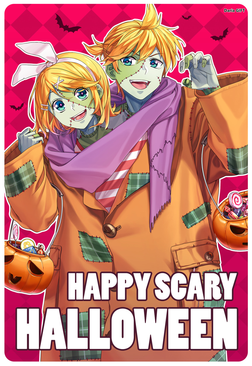 1boy 1girl bat blonde_hair blue_eyes bucket candy checkered checkered_background claw_pose coat commentary cosplay dariagiftstuff english_commentary english_text food frankenstein's_monster frankenstein's_monster_(cosplay) green_skin halloween hand_up happy_halloween highres jack-o'-lantern kagamine_len kagamine_rin lollipop looking_at_viewer open_mouth orange_coat plaid scarf shirt siblings smile stitched_face stitched_fingers stitches striped striped_shirt twins v-shaped_eyebrows vocaloid