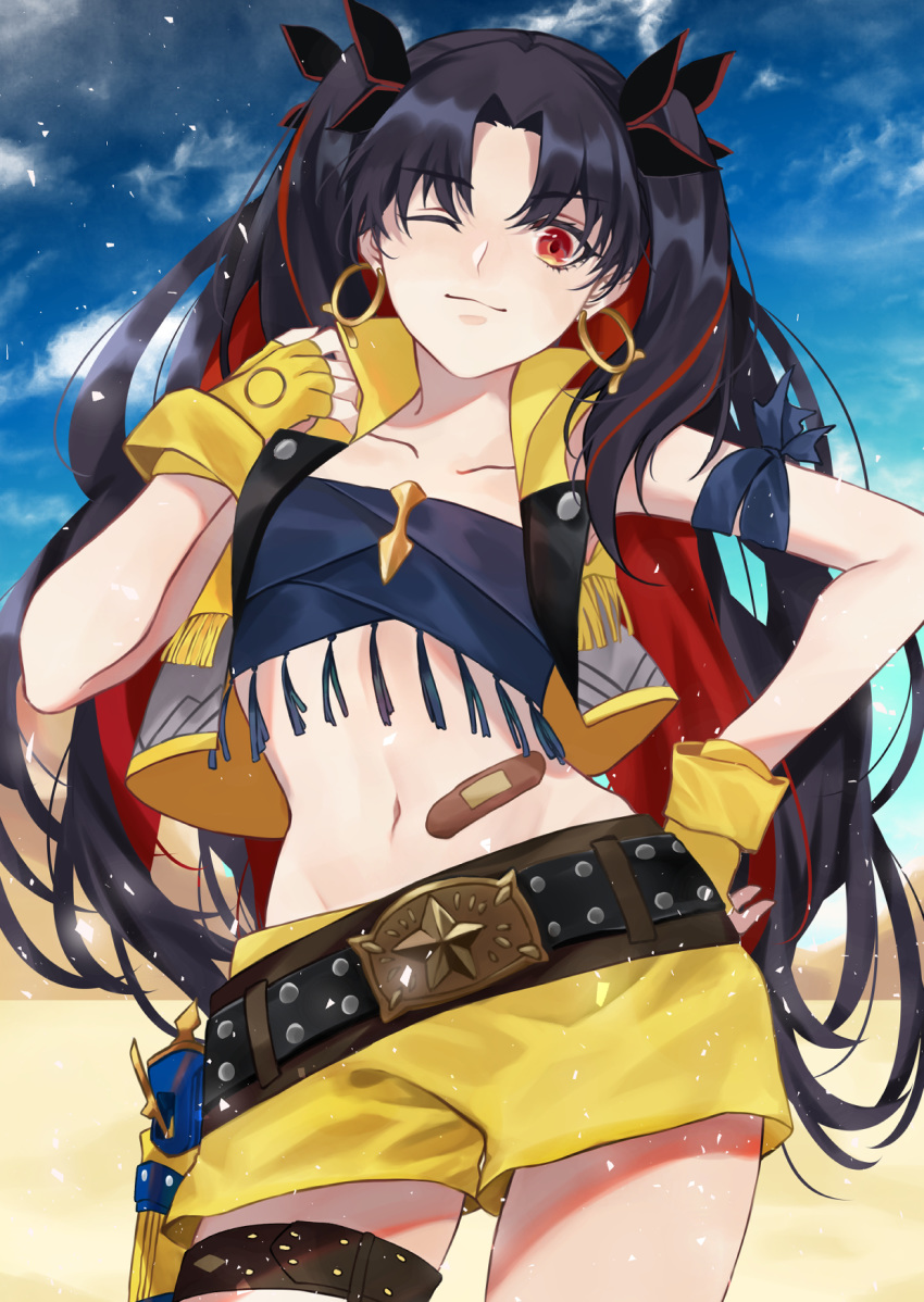 1girl bandaid_on_stomach bandeau bangs bare_shoulders belt black_belt black_hair black_ribbon blue_sky blush breasts closed_mouth collarbone cropped_vest earrings fate/grand_order fate_(series) fingerless_gloves fringe_trim gloves gun hair_ribbon highres holster hoop_earrings ishtar_(fate/grand_order) jewelry karen_ngao long_hair looking_at_viewer multicolored_hair navel one_eye_closed parted_bangs red_eyes red_hair ribbon shorts sky small_breasts smile solo space_ishtar_(fate) thighs two-tone_hair two_side_up vest weapon yellow_gloves yellow_shorts yellow_vest