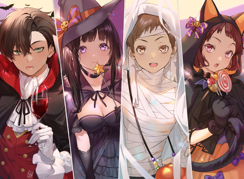 2boys 2girls :d :o alcohol animal bandaged_head bandages bangs bat black_gloves black_hair bow breasts brown_eyes brown_hair candy cape chitanda_eru cleavage closed_eyes cup dress elbow_gloves food fukube_satoshi glass gloves green_eyes hair_over_one_eye halloween halloween_basket halloween_costume hat holding holding_candy holding_cup hood hyouka ibara_mayaka kyoto_animation long_hair long_sleeves looking_at_viewer mery_(apfl0515) multiple_boys multiple_girls mummy mummy_costume open_mouth oreki_houtarou purple_eyes red_eyes short_hair smile star tail vampire vampire_costume waistcoat white_gloves wine witch_costume