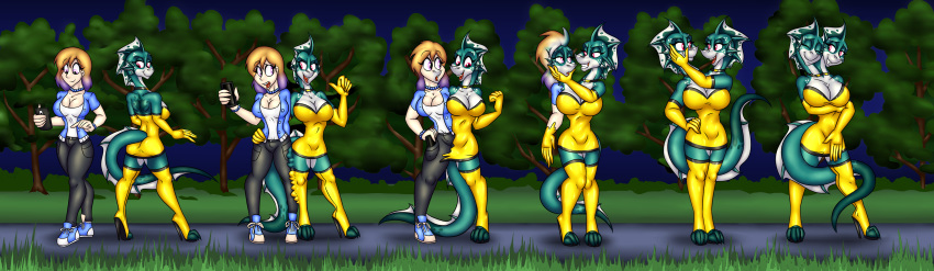 2_heads absurd_res anthro big_breasts breasts duo female hi_res human human_to_anthro hydra jewelry mammal merging michael345 multi_head nipple_outline outside phone scalie sequence smile species_transformation surprise transformation tree