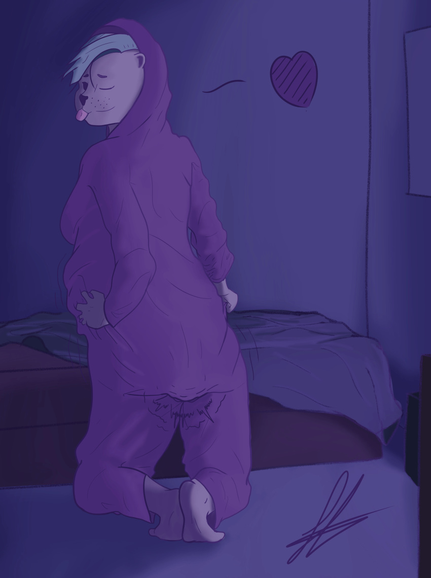 &lt;3 absurd_res big_breasts big_butt biped bodily_fluids breasts butt clothed clothing digital_media_(artwork) feces female hair hi_res looking_at_viewer manindogsuit onesie pooping scat simple_background smile soiling solo spread_legs spreading