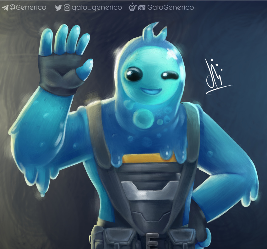 2019 clothed clothing digital_media_(artwork) epic_games fortnite gatogenerico goo_creature hi_res humanoid looking_at_viewer male not_furry rippley simple_background slime smile solo video_games