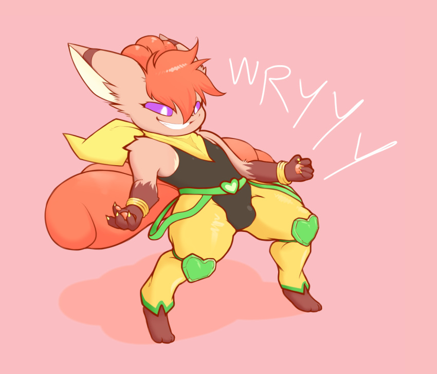 2019 anthro bottomwear bulge canid canine claws clothed clothing cosplay dio_brando eyelashes fiamme fur grin hair hi_res jewelry jojo's_bizarre_adventure mammal multi_tail multicolored_body multicolored_fur nintendo orange_hair orange_pawpads pants pawpads pok&eacute;mon pok&eacute;mon_(species) purple_eyes rebornisaac simple_background smile solo tan_body tan_fur video_games vulpix