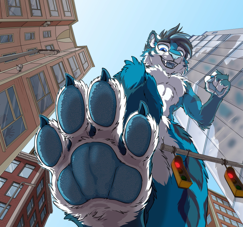 2018 4_fingers 4_toes absurd_res aerykitty anthro black_hair black_lips blue_body blue_claws blue_eyes blue_fur blue_pawpads building city claws domestic_cat felid feline felis fingers foot_focus fur hair hi_res lips low-angle_view macro mammal nude open_mouth open_smile outside pawpads paws satellite_dish size_difference smile soles solo tirrel toe_claws toes traffic_light whiskers white_body white_fur worm's-eye_view
