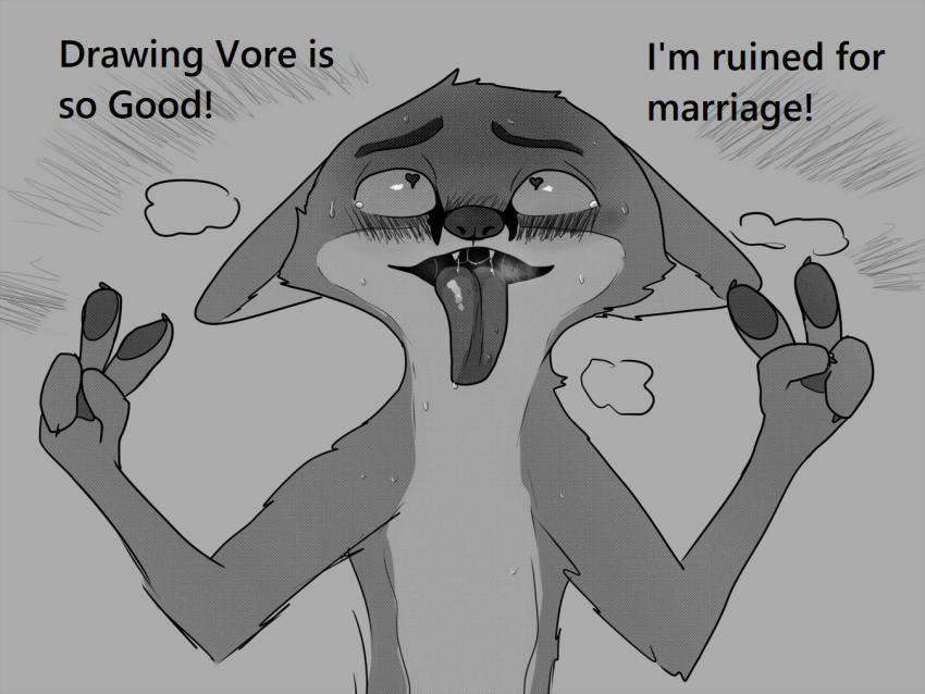 &lt;3 &lt;3_eyes ambiguous_gender anthro blush bodily_fluids breath canid canine cheek_tuft claws dialogue disney ears_down english_text face_tuft famished_(artist) fan_character fangs fox gesture grey_background greyscale huff mammal monochrome nude open_mouth pawpads pivoted_ears simple_background solo sweat sweatdrop text tongue tongue_out tuft v_sign zootopia