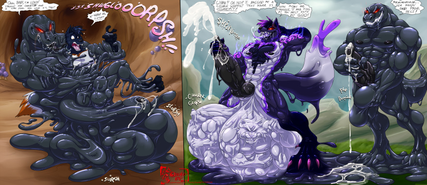 2019 4_toes 5_fingers abs absurd_res animal_genitalia animal_penis anthro anthro_on_anthro assimilation balls biceps big_balls big_penis black_body black_nose black_penis black_skin blue_body blue_fur blue_hair blue_skin bodily_fluids canid canine canine_penis canis claws cock_vore cum cum_drip cum_pool dinosaur dripping drooling duo english_text erection fingers fur genital_fluids glowing glowing_eyes goo_creature grin hair hi_res huge_balls huge_penis hungothenomster hybrid hyper hyper_balls inside_balls knot male male/male mammal masturbation monster muscular muscular_male muscular_thighs nipples nude pecs penile penile_masturbation penis post_vore precum red_eyes reptile saliva scalie sharp_teeth smile speech_bubble standing teeth text theropod thick_penis toe_claws toes tyrannosaurid tyrannosaurus tyrannosaurus_rex vein vore white_body white_skin wolf