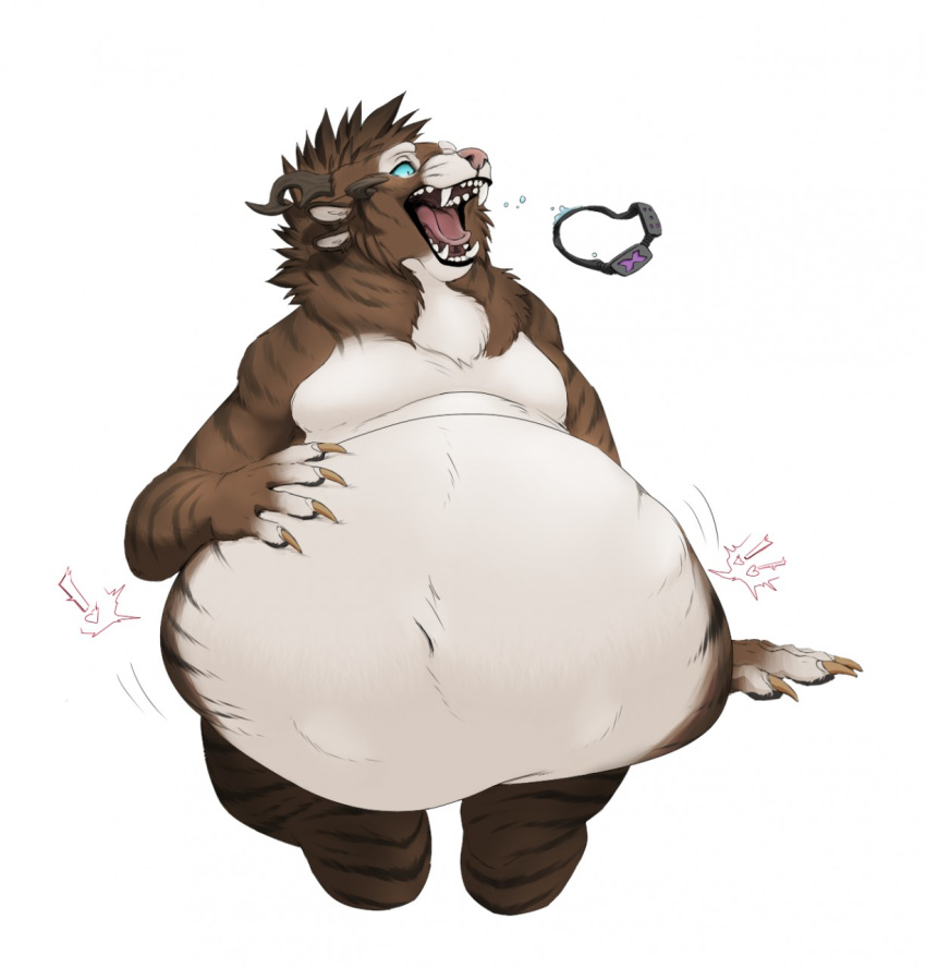 ! &lt;3 2015 abdominal_bulge anthro arm_support biped blue_eyes bodily_fluids brown_body brown_fur brown_hair burping charr claws dagos eyewear fangs felid fingers front_view fur fur_markings goggles guild_wars hair hand_on_stomach hi_res horn male male_pred mammal markings nude open_mouth oral_vore overweight overweight_male saliva simple_background sitting soft_vore solo teeth tongue video_games vore white_background white_body white_fur