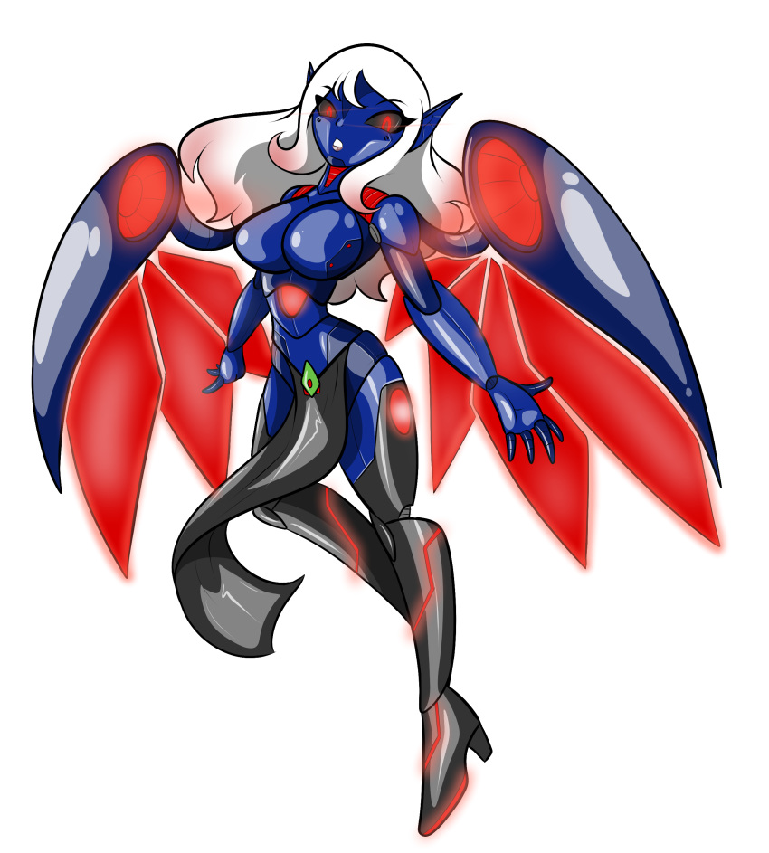 absurd_res blue_body breasts chaoscroc elf female glowing hair hi_res humanoid iona_itova machine not_furry robot rubber solo white_hair wings