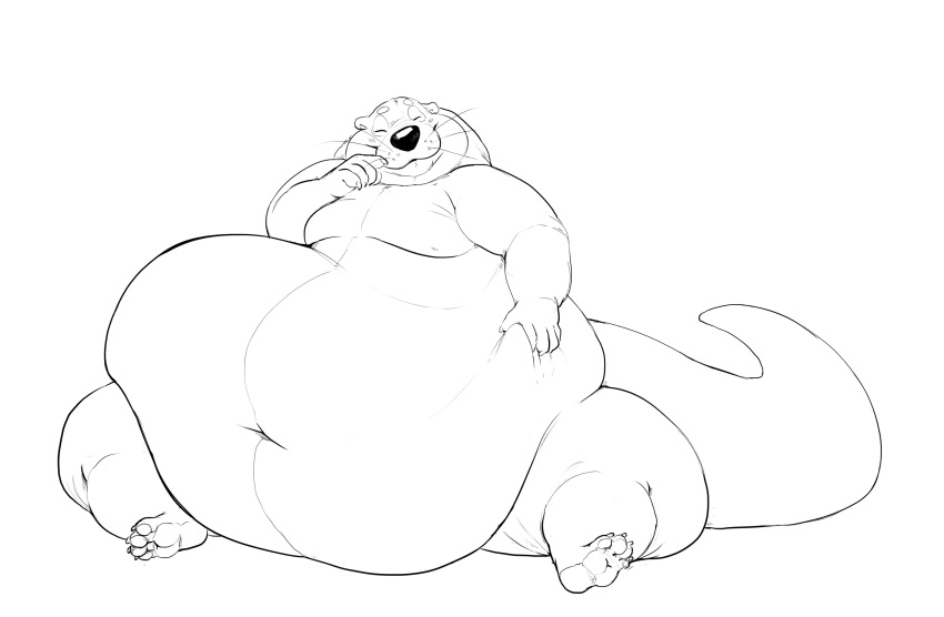 2019 absurd_res ambiguous_gender anthro belly big_belly big_tail biped black_and_white black_nose chubby_cheeks claws digital_drawing_(artwork) digital_media_(artwork) eyes_closed facing_viewer full-length_portrait hand_on_stomach heftyotter hi_res huge_thighs hyper hyper_belly lutrine mammal monochrome morbidly_obese mustelid navel obese overweight portrait puppypaws simple_background sitting smile soles solo thick_neck thick_tail thick_thighs toe_claws whiskers white_background