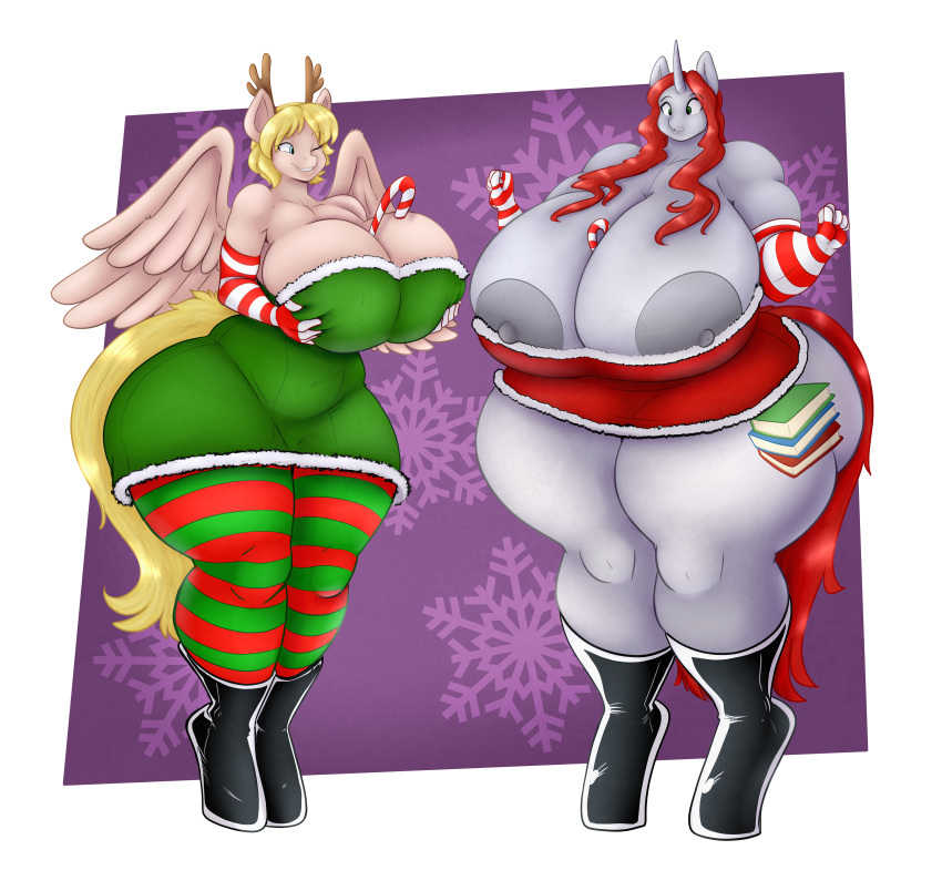 09hankris absurd_res anthro areola armwear big_breasts blonde_hair boots breasts candy candy_cane christmas clothed clothing curvaceous curvy_figure cutie_mark dress duo elbow_gloves equid equine feathered_wings feathers female food footwear furgonomics gloves hair handwear hi_res holding_breast holidays horn horse huge_breasts huge_hips huge_thighs hyper hyper_breasts jaeh leggings legwear long_hair mammal my_little_pony nipple_slip obese obese_female overweight overweight_female partially_clothed pterippus red_hair short_hair skimpy strapless_dress striped_leggings thick_thighs tight_clothing unicorn voluptuous wavy_hair wide_hips wings