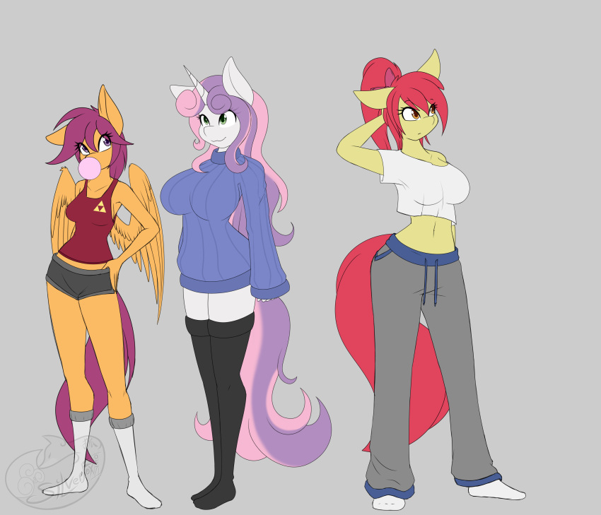 absurd_res apple_bloom_(mlp) big_breasts breast_size_difference breasts candy cutie_mark_crusaders_(mlp) equid equine feathered_wings feathers female food friendship_is_magic group gum hi_res horn horse huge_breasts mammal midriff my_little_pony pterippus scootaloo_(mlp) silverfox057 sweetie_belle_(mlp) unicorn wings