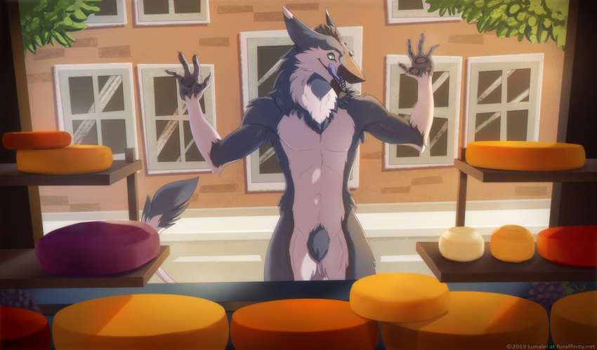 2019 4_fingers black_body black_fur day detailed_background digital_media_(artwork) fingers fur lunalei male open_mouth outside sergal solo stanidng teeth tongue town white_body white_fur