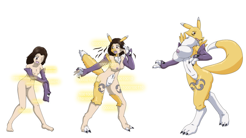 16:9 2019 4k absurd_res alpha_channel anthro big_breasts binary_code black_hair blush breast_expansion breasts canid canine digimon digimon_(species) female fur gloves_only hair hi_res human human_to_anthro mammal mankor nipples one_eye_closed open_mouth pussy renamon sequence simple_background solo species_transformation standing surprise transformation transparent_background yellow_body yellow_fur