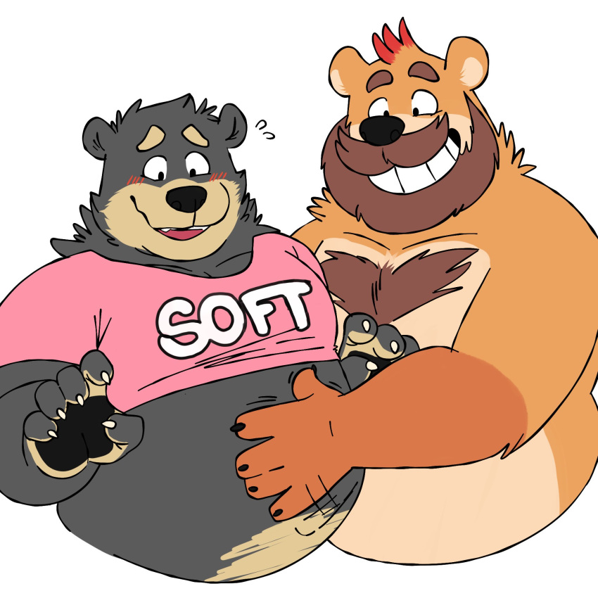 1:1 2019 anthro belly black_bear black_body black_fur blush clothing duo fur hashburrowns hi_res humanoid_hands male male/male mammal overweight overweight_male shirt simple_background text topwear ursid ursine white_background