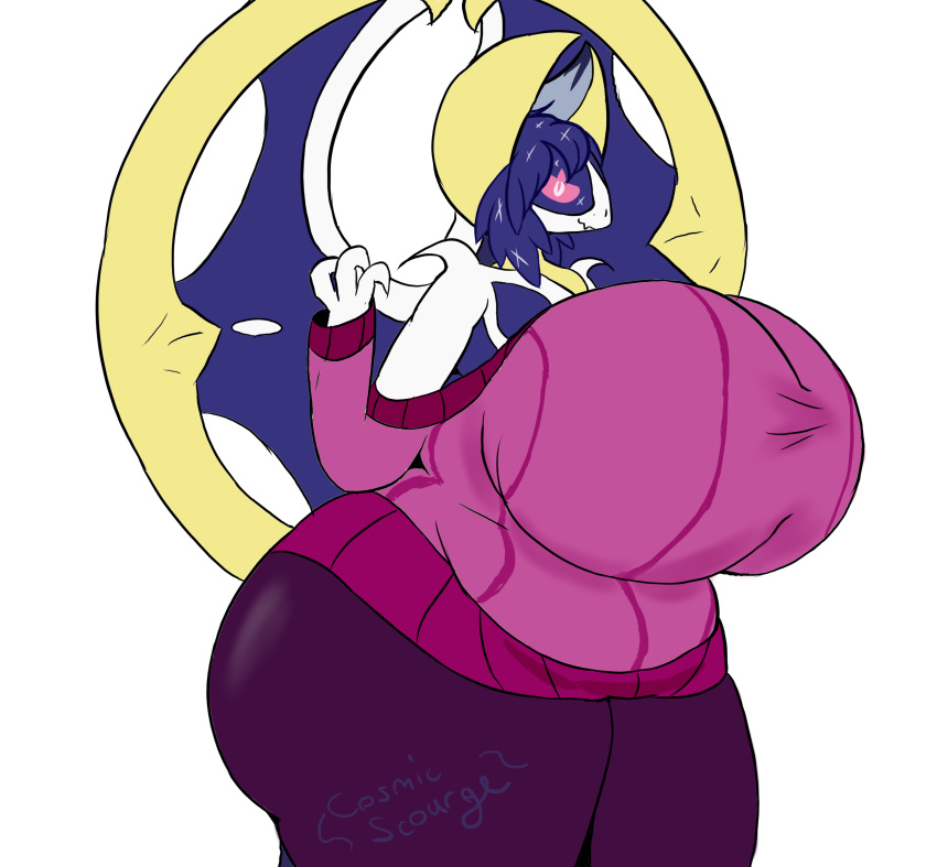 &lt;3 2019 absurd_res anthro belly big_belly big_breasts big_butt breasts butt clothing cosmicscourge curvy_figure fan_character female hi_res huge_breasts huge_butt legendary_pok&eacute;mon looking_at_viewer lunae_(cosmicscourge) lunala nintendo overweight pok&eacute;mon pok&eacute;mon_(species) slightly_chubby smile solo sweater topwear video_games wings yoga_pants