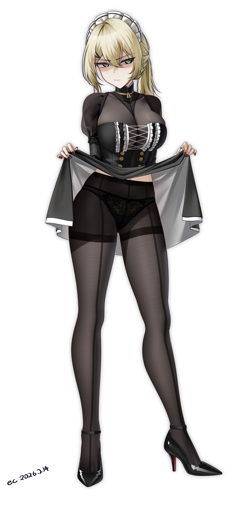 1girl absurdres alter_kamerade black_dress black_nails black_panties blonde_hair breasts buttons clothes_lift commentary_request cross-laced_clothes cross-laced_dress double-breasted dress dress_lift embarrassed full_body girls'_frontline girls'_frontline_2:_exilium green_eyes hair_ornament hairclip hands_up high_heels highres large_breasts legs legs_apart lifting_own_clothes long_sleeves looking_at_viewer maid_headdress medium_breasts medium_hair nail_polish navel navel_peek nervous panties panties_under_pantyhose pantyhose ponytail presenting sextans_(girls'_frontline_2) shaded_face solo standing thighs underwear