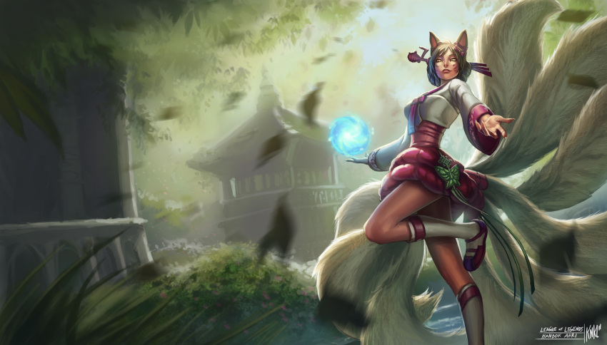 2011 9_tails ahri_(lol) animal_humanoid asian_clothing breasts building canid canid_humanoid canine canine_humanoid clothing day east_asian_clothing facial_markings female footwear fox_humanoid hair head_markings hi_res humanoid kienan_lafferty leaf league_of_legends looking_at_viewer magic mammal mammal_humanoid markings multi_tail official_art on_one_leg orb outside plant riot_games shrub socks solo standing tail tencent tree water