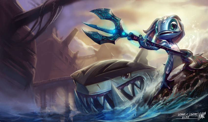 2011 ambiguous_gender anthro aquatic blue_body digital_media_(artwork) duo feral fish fizz_(lol) hi_res holding_melee_weapon holding_object holding_polearm holding_trident holding_weapon kienan_lafferty league_of_legends male melee_weapon official_art outside pier polearm pseudo_hair riot_games shark ship smile suction_cup tencent tentacle_hair tentacles trident vehicle water watercraft weapon yordle