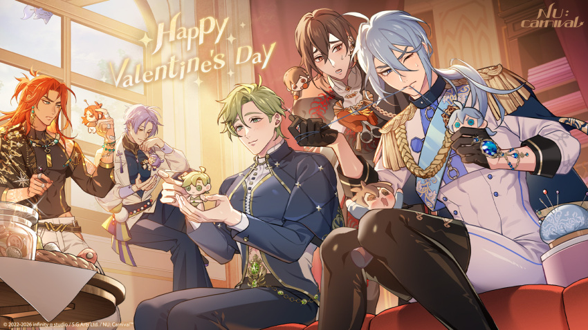 5boys ahoge aiguillette arm_cutout arm_support asymmetrical_clothes bandaid bandaid_on_finger bandaid_on_hand belt bent_over between_legs bikini black_belt black_boots black_gloves black_robe black_shirt blue_capelet blue_collar blue_eyes blue_gem blue_hair blue_pants blue_sash blue_shirt blush bodysuit boots bracelet braid brown_eyes brown_hair button_eyes buttons capelet character_doll cheek_squash closed_mouth clothes_pin clothing_cutout cloud collar copyright_logo copyright_name covered_abs covered_pectorals cropped_jacket cross curtained_hair dante_(nu_carnival) day doll double-parted_bangs earrings edmond_(nu_carnival) eiden_(nu_carnival) epaulettes furrowed_brow gem glint gloves gold_earrings gold_necklace gold_trim green_eyes green_gem green_hair hair_between_eyes hair_over_shoulder half_gloves half_updo happy_valentine heterochromia high_collar highres hip_vent holding holding_clothes_pin holding_scissors indoors infinity_alpha_studio jacket jar jewelry knee_up knees_together_feet_apart kuya_(nu_carnival) logo long_hair long_sleeves looking_at_doll low_ponytail lower_teeth_only male_focus mouth_hold multiple_boys navel necklace nu_carnival official_art olivine_(nu_carnival) one_eye_closed open_mouth orange_eyes orange_gloves orange_hair pants parted_bangs pectorals pincushion pom_pom_(clothes) ponytail puffy_long_sleeves puffy_sleeves purple_hair raised_inner_eyebrows red_gem robe sash scissors sewing shirt short_hair shoulder_cutout side_braid sitting skeleton_print smile sparkle standing sweatdrop swimsuit table teeth thigh_boots three-quarter_sleeves two-tone_robe v-shaped_eyebrows valentine white_bodysuit white_jacket white_pants white_robe window yakumo_(nu_carnival) yellow_eyes