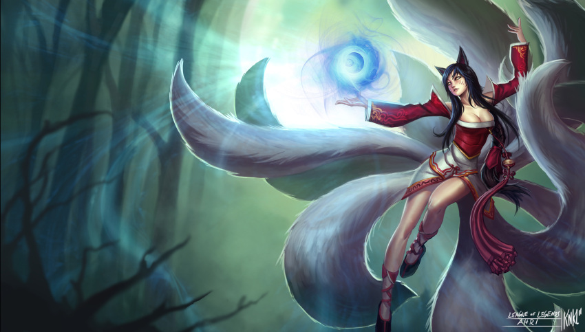 2011 9_tails ahri_(lol) animal_humanoid asian_clothing big_breasts black_hair breasts canid canid_humanoid canine canine_humanoid clothing east_asian_clothing facial_markings female footwear forest fox_humanoid hair head_markings hi_res humanoid kienan_lafferty league_of_legends long_tail looking_aside magic mammal mammal_humanoid markings multi_tail official_art orb plant riot_games shoes solo tail tencent tree