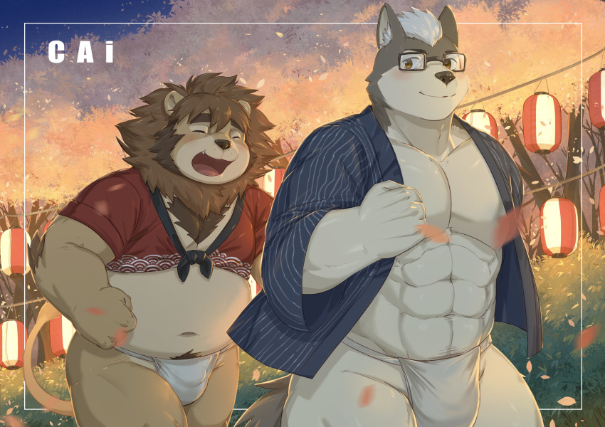 2019 absurd_res anthro asian_clothing belly blush bulge cai1448331577 canid canine canis clothing detailed_background domestic_dog duo east_asian_clothing eyewear felid fundoshi glasses hi_res husky japanese_clothing lion male mammal muscular navel nordic_sled_dog outside overweight overweight_male pantherine pecs shirt spitz topwear underwear