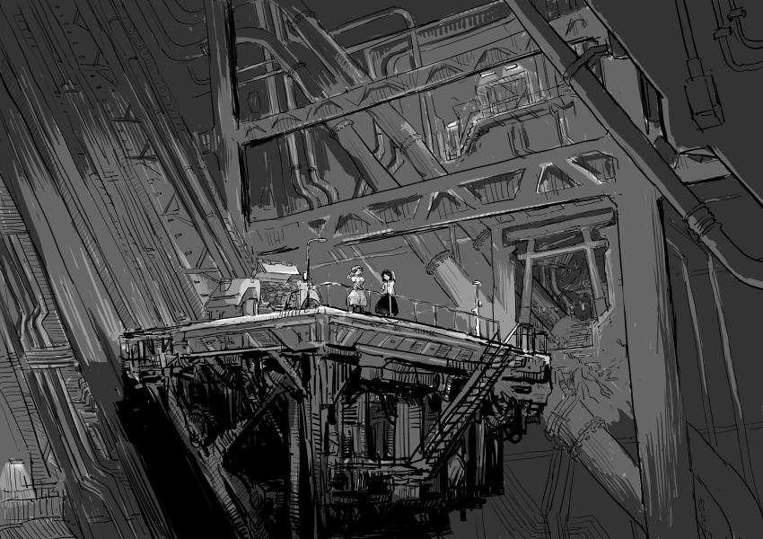 2girls absurdres arm_up blame! commentary_request dress facing_ahead feet_out_of_frame greyscale hat highres lamppost long_hair machine maribel_hearn medium_hair monochrome multiple_girls ramp shirt skirt stairs super-flat-world torii touhou usami_renko wide_shot
