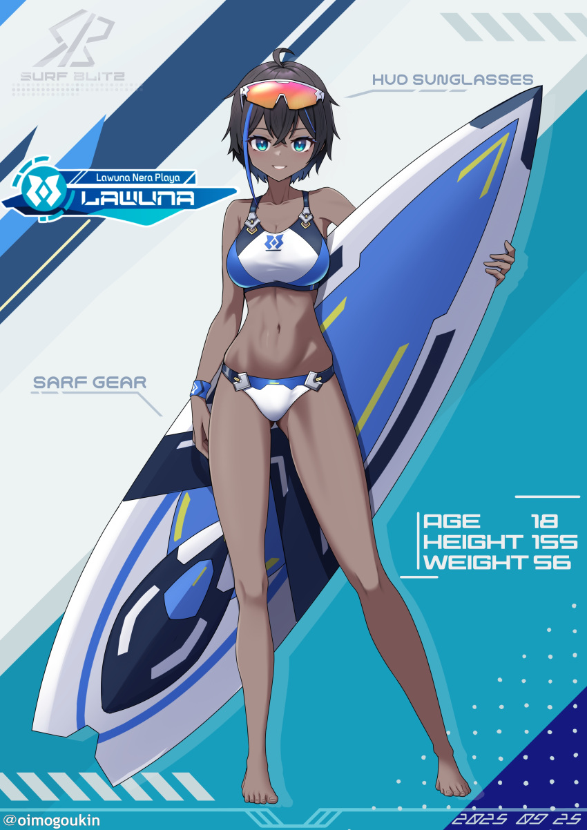 1girl absurdres ahoge arm_at_side ass_visible_through_thighs bare_shoulders barefoot bikini black_hair blue_bikini blue_eyes blue_hair blue_streaks breasts character_age character_name chougoukin_potato cleavage collarbone commentary_request dark-skinned_female dark_skin dated full_body goggles goggles_on_head height highres holding holding_surfboard large_breasts legs_apart looking_at_viewer making-of_available multicolored_hair navel original pointing_out_the_details short_hair smile solo standing stomach streaked_hair surfboard swimsuit teeth twitter_username two-tone_hair