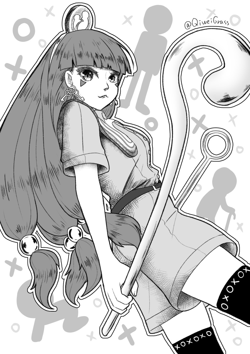 1girl absurdres belt black_belt black_thighhighs blunt_bangs closed_mouth commentary_request cowboy_shot dutch_angle earrings facial_mark from_below greyscale headpiece highres holding holding_scepter holding_staff jewelry key_earrings legs_apart long_hair looking_at_viewer michigami_nareko monochrome outline qcezssxx123 quad_tails scepter shirt short_sleeves shorts solo staff standing thighhighs touhou triangle triangle_facial_mark usekh_collar white_outline