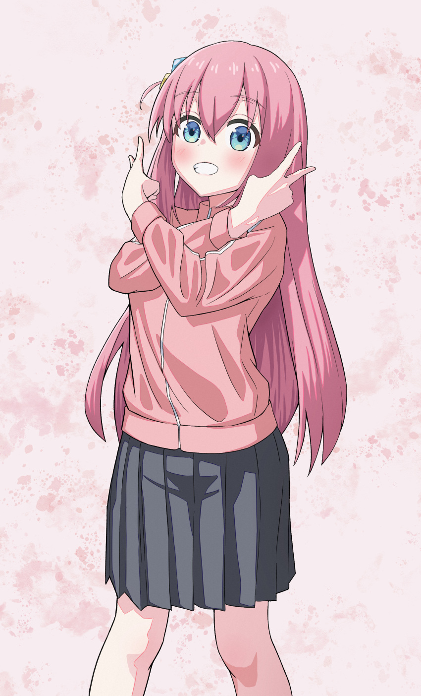 1girl absurdres black_skirt blue_eyes blush bocchi_the_rock! choppy_bangs commentary_request double_v feet_out_of_frame gotoh_hitori grin hands_up highres jacket korokoro_(vzjy2724) legs_apart long_hair long_sleeves looking_at_viewer pink_hair pink_jacket pleated_skirt skirt smile solo standing straight_hair track_jacket v white_background