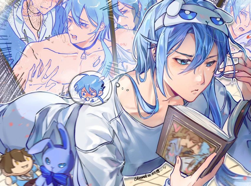 ! !! ahoge alternate_costume bell black_collar blue_eyes blue_hair blue_jacket blue_pants blue_shirt blush book character_doll chibi chibi_inset closed_mouth collar collarbone collared_shirt covering_own_mouth cowboy_shot crystal_necklace doll drooling edmond_(nu_carnival) eiden_(nu_carnival) embarrassed emphasis_lines eye_mask from_behind frown fudanshi furrowed_brow hair_between_eyes hair_down hair_over_shoulder half-closed_eyes hand_in_own_hair hand_over_own_mouth hands_up heart hickey highres holding holding_book imagining implied_sex jacket kiss long_hair low_ponytail lying mask neck_bell nipples nu_carnival on_stomach open_mouth outline pajamas pants ponytail raised_inner_eyebrows reading rinbow_yu shirt sparkle speech_bubble stuffed_animal stuffed_rabbit stuffed_toy suggestive_fluid sweat teeth thought_bubble toned toned_male topless_male upper_teeth_only v-shaped_eyebrows white_outline white_shirt yaoi yaoi_(object)