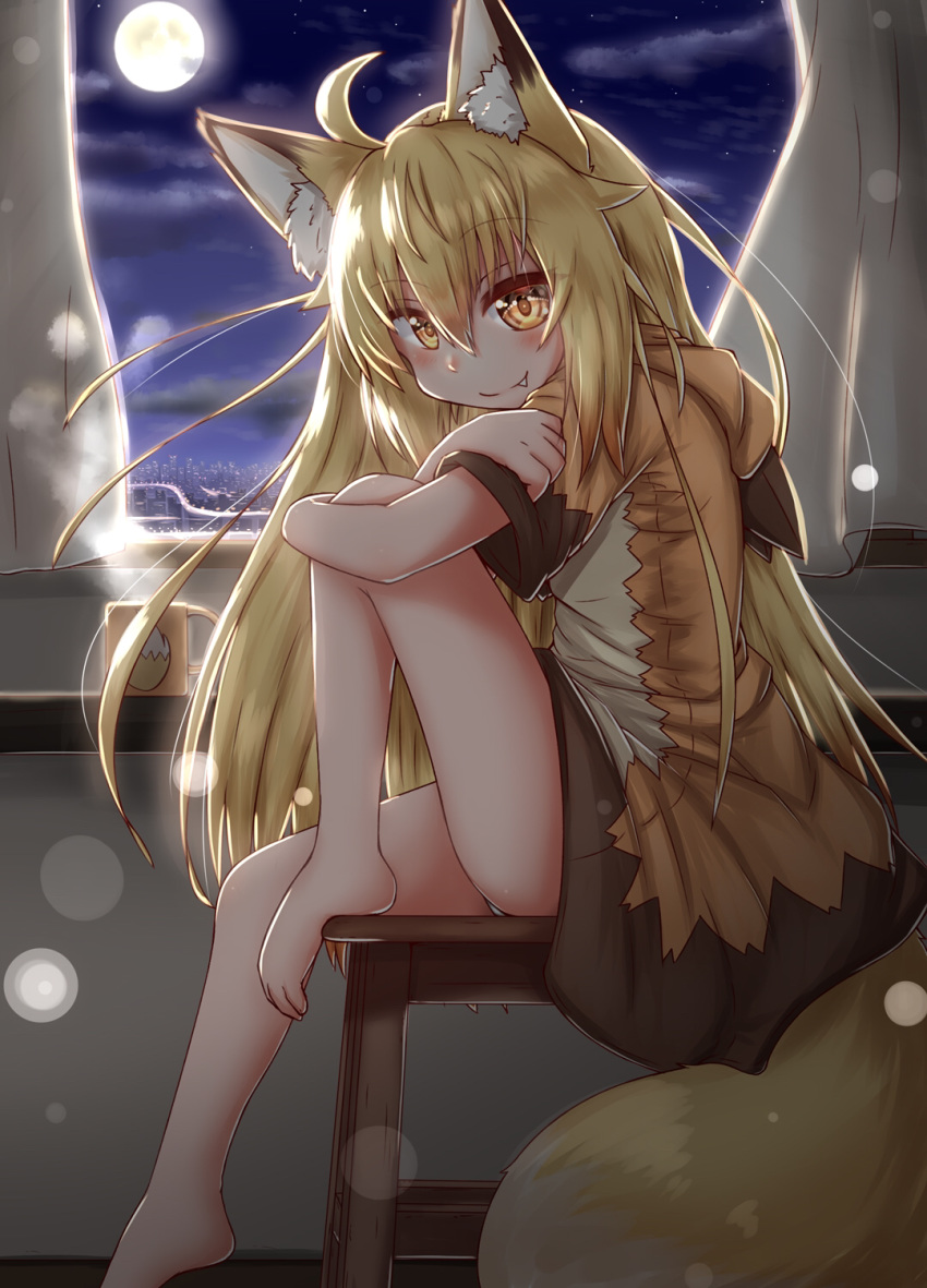 2019 5_fingers ahoge animal_humanoid barefoot blonde_hair blush brown_body brown_fur butt canid canid_humanoid canine canine_humanoid clothed clothing cloud cup curtains cute_fangs dipstick_ears dipstick_tail feet female fingers fluffy fluffy_tail fox_humanoid fur hair hi_res hoodie horokusa0519 humanoid inside long_hair looking_at_viewer mammal mammal_humanoid moon multicolored_ears multicolored_tail night sitting sky smile solo toes topwear translucent translucent_hair underwear white_body white_fur yellow_body yellow_eyes yellow_fur
