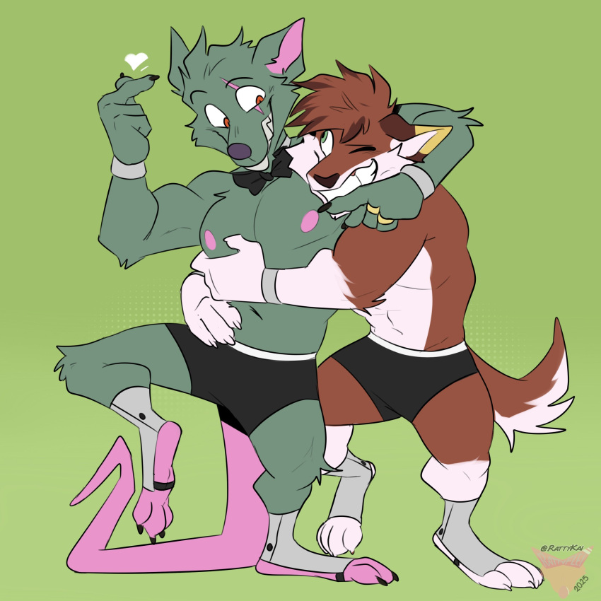 2025 abs anthro arm_over_shoulder biceps blue_eyes bow_tie boxers_(clothing) boxers_only brown_body brown_fur buckteeth canid canine claws clothed clothing duo eye_contact fluffy fluffy_tail footwear fox fur green_background green_body green_fur grin happy heart_symbol hi_res hug jewelry kingpin_twitch league_of_legends looking_at_another male mammal murid murine muscular muscular_male nipples pecs rat rat_tail rattykai red_eyes ring riot_games rodent scar simple_background slightly_muscular smile smiling_at_another standing tail teeth tencent topless twitch_(lol) underwear underwear_only white_body white_fur wristband