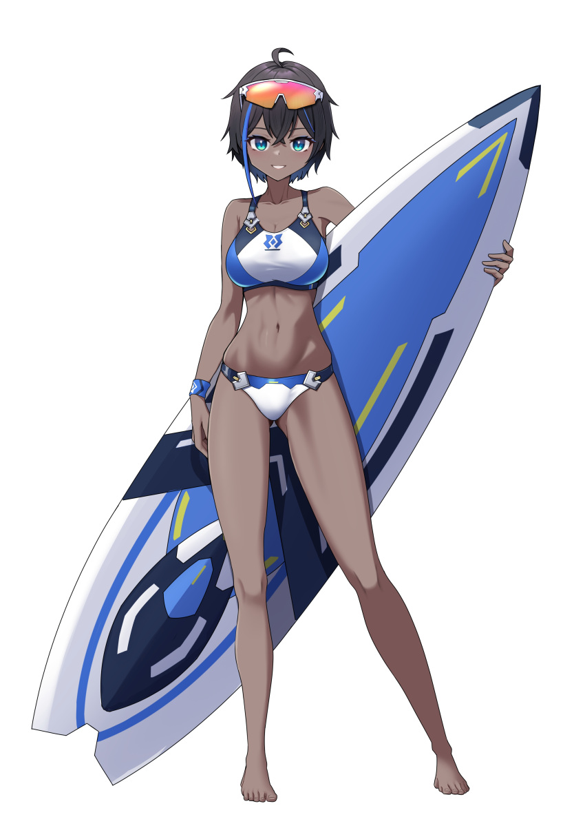 1girl absurdres ahoge arm_at_side ass_visible_through_thighs bare_shoulders barefoot bikini black_hair blue_bikini blue_eyes blue_hair blue_streaks breasts chougoukin_potato cleavage collarbone commentary_request dark-skinned_female dark_skin full_body goggles goggles_on_head highres holding holding_surfboard large_breasts legs_apart looking_at_viewer making-of_available multicolored_hair navel original short_hair simple_background smile solo standing stomach streaked_hair surfboard swimsuit teeth two-tone_hair white_background
