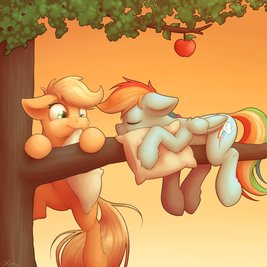 2019 absurd_res ambiguous_gender apple apple_tree applejack_(mlp) cutie_mark duo earth_pony equid equine eyes_closed feathered_wings feathers feral food freckles friendship_is_magic fruit green_eyes hi_res horse mammal mouth_hold my_little_pony ohemo pillow plant pony pterippus rainbow_dash_(mlp) wings