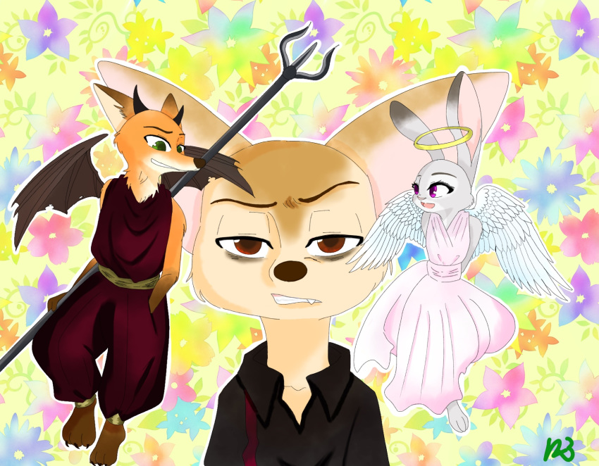 anthro brown_eyes canid canine clothed clothing digital_media_(artwork) dipstick_ears disney dress female fennec finnick fox fur green_eyes group hi_res judy_hopps lagomorph leporid male mammal multicolored_ears nick_wilde orange_body orange_fur purple_eyes rabbit zootopia いーあーさん