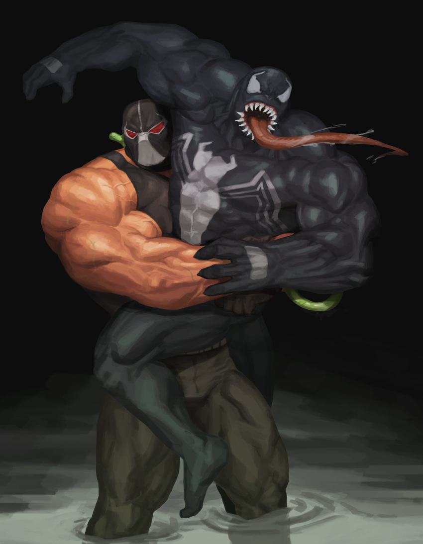 2017 abs alien bane_(dc) bear_hug biceps big_muscles bodily_fluids boots bottomwear clothed clothing dc_comics duo fight fingerless_gloves footwear gloves handwear hi_res human male mammal marvel mask muscular muscular_male open_mouth pecs saliva standing symbiote tongue tongue_out topwear traver009 veiny_muscles venom_(marvel)
