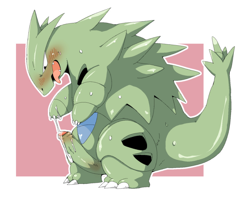 2015 blush bodily_fluids cum doneru erection feral genital_fluids hi_res humanoid_penis male nintendo open_mouth penis pok&eacute;mon pok&eacute;mon_(species) semi-anthro solo sweat tyranitar uncut video_games