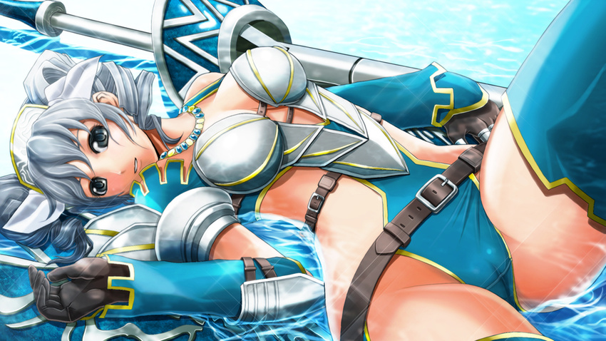 armor cameltoe gloves grey_eyes lying monster_hunter monster_hunter_frontier silver_hair solo thighhighs v-mag water weapon