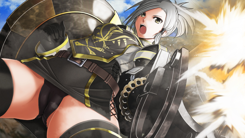 armor belt black_panties grey_hair monster_hunter monster_hunter_frontier open_mouth panties solo thighhighs underwear v-mag weapon yellow_eyes