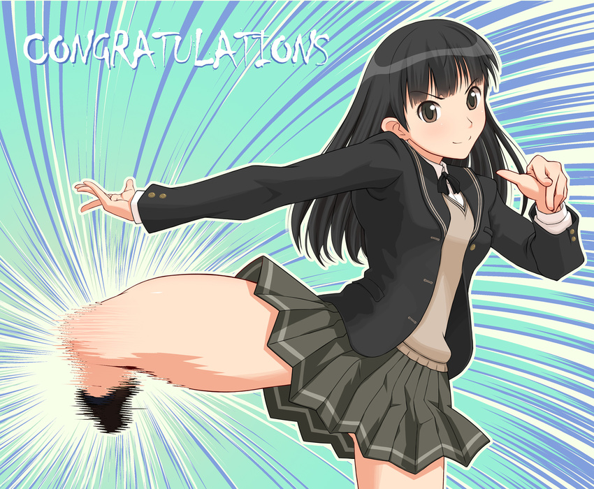 amagami argon ayatsuji_tsukasa bad_id bad_pixiv_id black_hair blazer brown_eyes distortion english highres interlacing jacket kibito_high_school_uniform kicking long_hair motion_blur school_uniform skirt solo speed_lines sweater