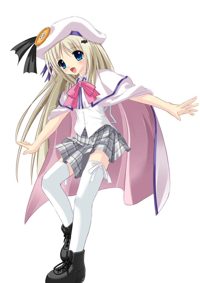 blonde_hair blue_eyes boots bow cape cross-laced_footwear fang hat highres itan lace-up_boots little_busters! long_hair noumi_kudryavka pink_bow plaid plaid_skirt school_uniform skirt solo thighhighs white_legwear