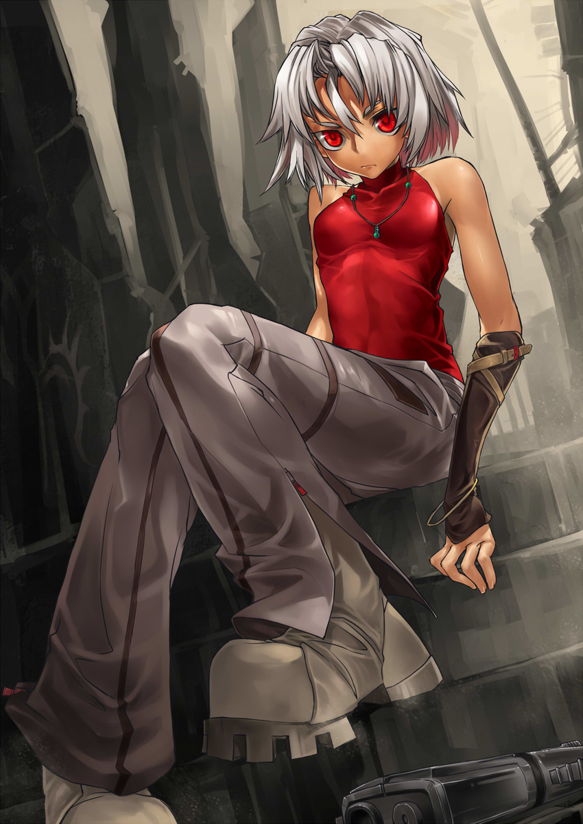 428 bare_shoulders boots canaan canaan_(character) gun handgun highres jewelry lamian_(pixiv415608) necklace red_eyes short_hair silver_hair sitting sleeveless sleeveless_turtleneck solo turtleneck weapon