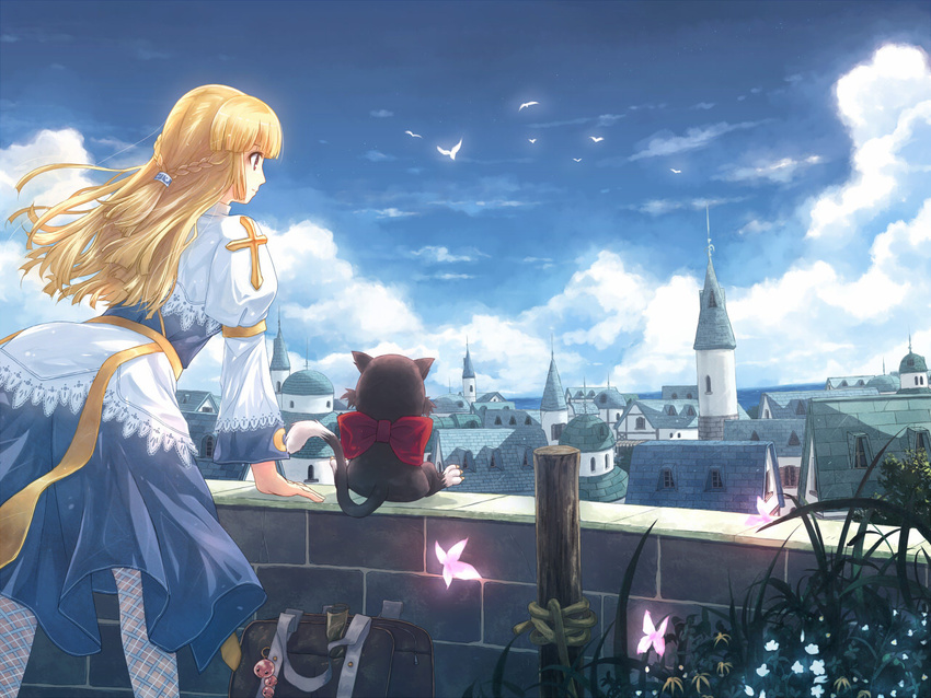 archbishop bent_over bird blonde_hair braid brown_eyes bug butterfly cat cityscape cloud day flower half_updo insect long_hair pantyhose plaid plaid_legwear ragnarok_online scenery sky wildrose wind yakka