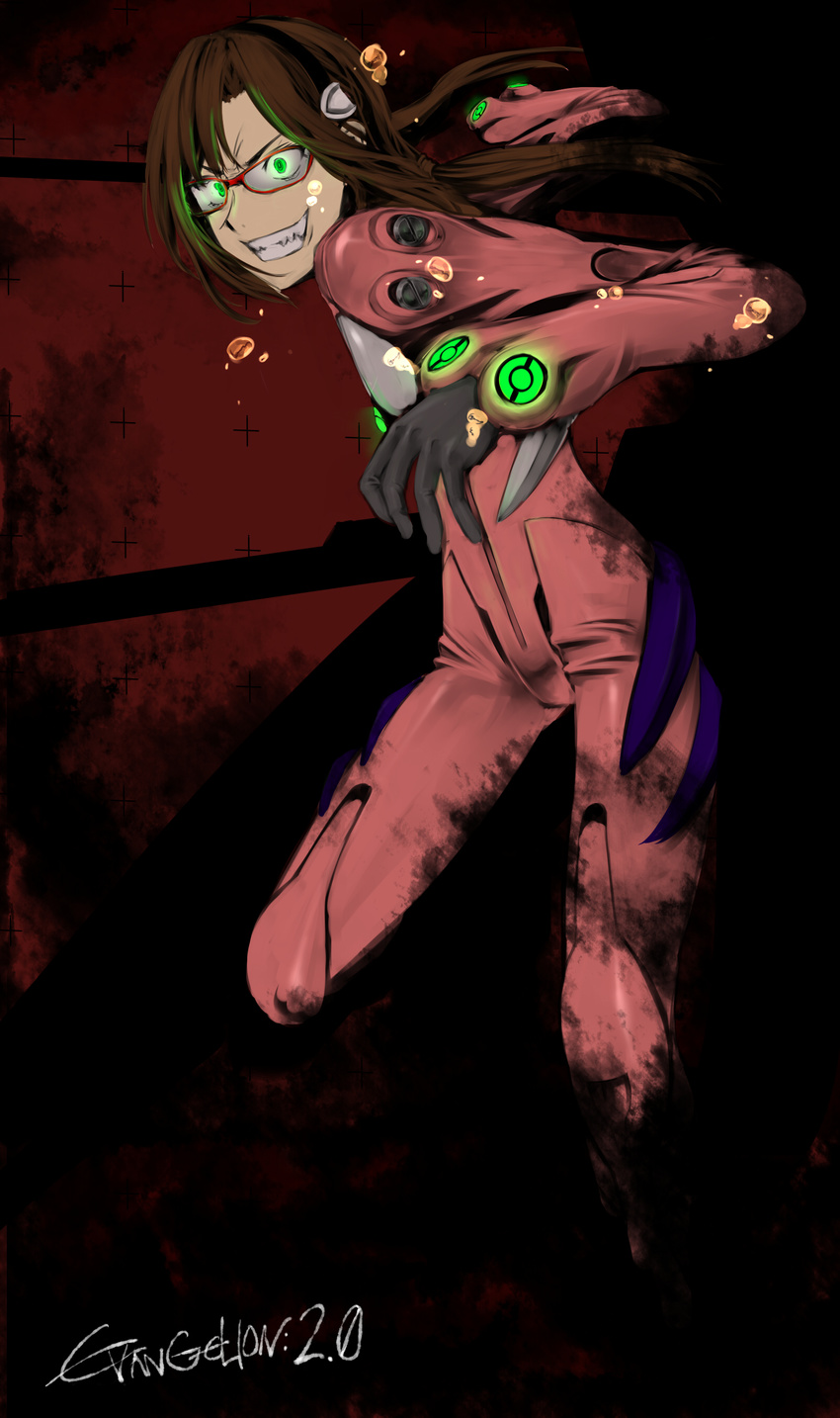 absurdres bad_id bad_pixiv_id bodysuit brown_hair couzone crazy_eyes dark evangelion:_2.0_you_can_(not)_advance glasses glowing glowing_eyes green_eyes grin highres long_hair makinami_mari_illustrious neon_genesis_evangelion pink_bodysuit plugsuit rebuild_of_evangelion ringed_eyes skin_tight smile solo teeth twintails