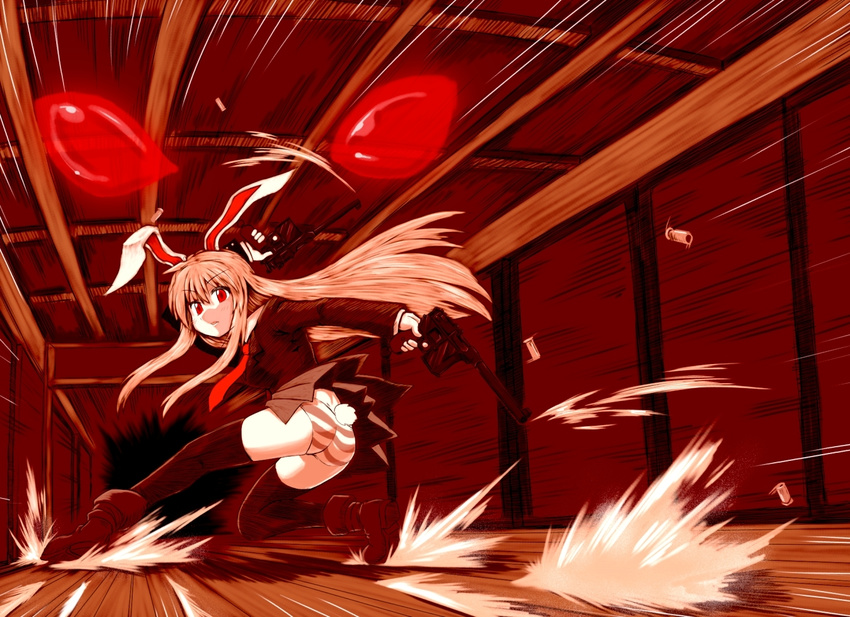 animal_ears bunny_ears bunny_tail dual_wielding gun handgun holding long_hair m.m mauser_c96 panties pistol red_eyes reisen_udongein_inaba solo striped striped_panties tail thighhighs touhou underwear weapon