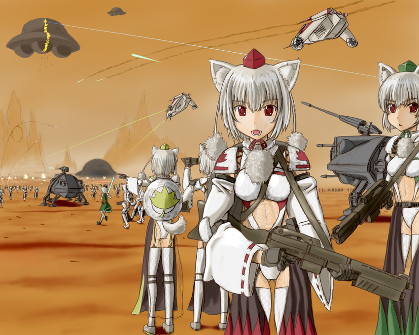 animal_ears clone commentary_request detached_sleeves energy_sword geonosis gloves gun hat inubashiri_momiji konpaku_youmu lightsaber multiple_girls parody red_eyes rifle short_hair silver_hair star_wars sword tail thighhighs tokin_hat touhou u.s.m.c ufo weapon wolf_ears wolf_tail