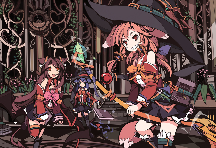 animal_ears book broom broom_riding hat ideolo long_hair multiple_girls original short_hair tail witch_hat