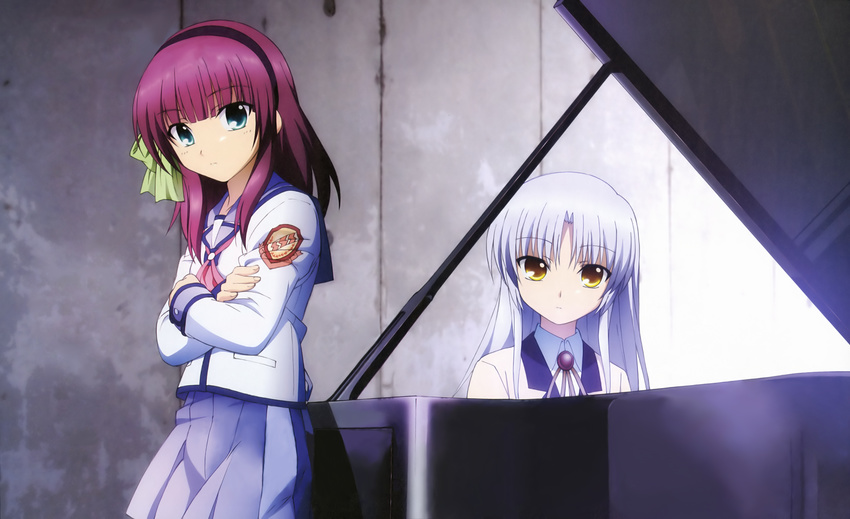 absurdres angel_beats! bow detexted grand_piano green_eyes hair_bow headband highres instrument long_hair multiple_girls non-web_source official_art piano purple_hair scan school_uniform serafuku silver_hair tenshi_(angel_beats!) third-party_edit yellow_eyes yuri_(angel_beats!)