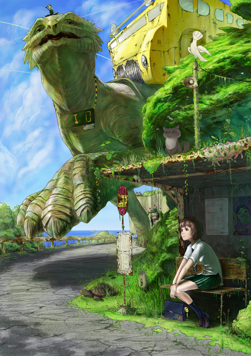 absurdres animal bench bird brown_eyes brown_hair bus_stop cat cockatoo guard_rail hands_on_own_knees highres island_turtle original overgrown oversized_animal parrot road rust school_uniform short_hair sitting skirt statue teru_sakura turtle