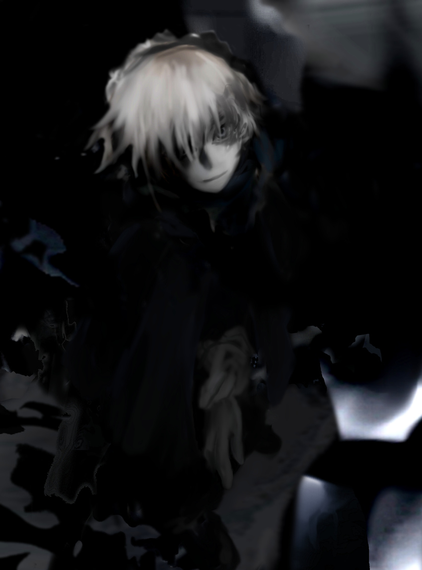 absurdres dark futon_(kitsune_tsuki) highres izayoi_sakuya monochrome short_hair solo touhou